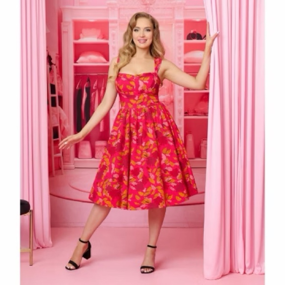 IN SEARCH OF…Unique Vintage 1950s Red & Pink Tropical Floral Swing Dress, XL - Picture 4 of 6